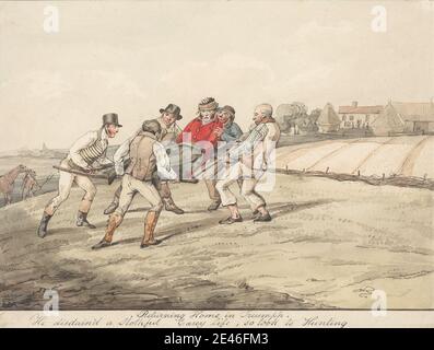 Henry Thomas Alken, 1785â € "1851, britische, qualifizierte Pferde und unqualifizierte Reiter: `Rückkehr nach Hause in Triumph. Er verachtete ein faules, easey Leben; so nahm zur Jagd', undared. Aquarell, Stift und schwarze Tinte und Graphit auf Medium, leicht strukturiert, gebläute weiße, gewebt Papier. Gebäude, Zäune, Felder, Pferd (Tier), Reiter, Reiten, Jagd, Jäger, Jagd, Verletzungen, Männer, Sportkunst, Bäume Stockfoto